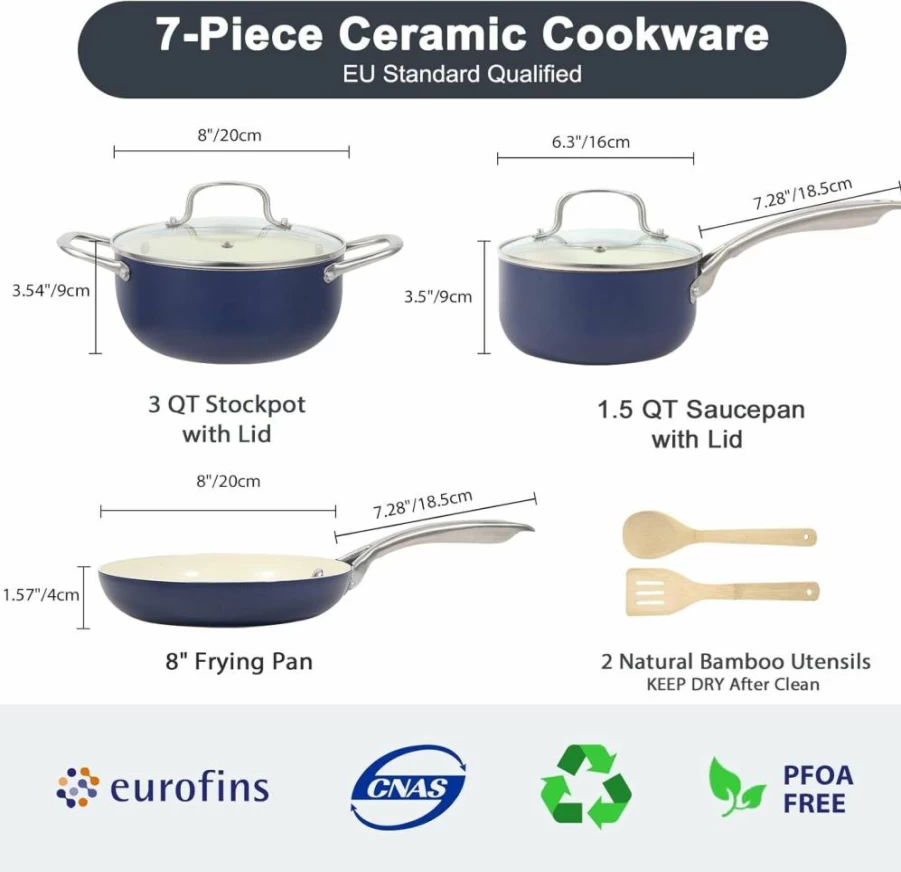 M MELENTA 7-Piece Nonstick Ceramic Cookware Set, Induction Compatible Pots and Pans with Stay-Cool Handles, PFOA-Free, Turquoise Kitchen Essentials