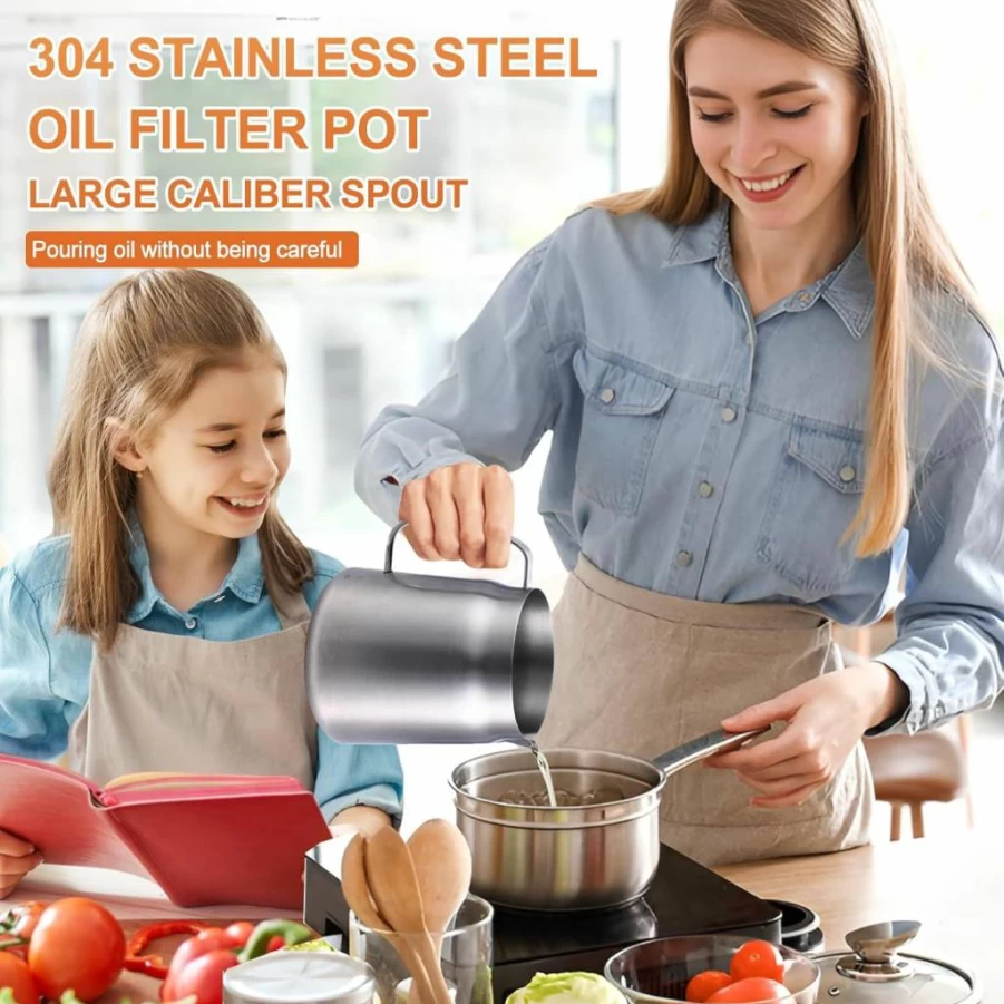 SMWMOWN 68Oz Stainless Steel Oil Filter Pot - 2-in-1 Bacon Grease Saver & Deep Fryer with Strainer Basket for Camping & Kitchen, Large Capacity Oil Container