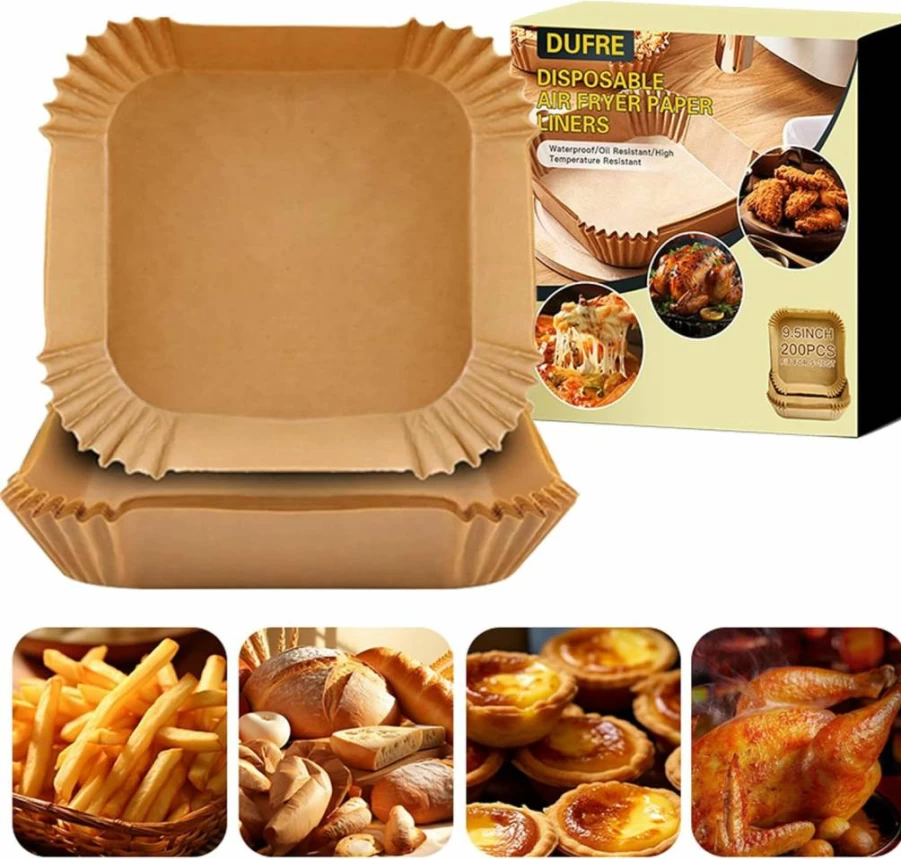 Dufre 10 Inch 150Pcs Air Fryer Paper Liners - Non-Stick Parchment Sheets for 7-12 Qt Air Fryers, Baking, Roasting & Microwave - Oil-Proof Disposable Square Liners