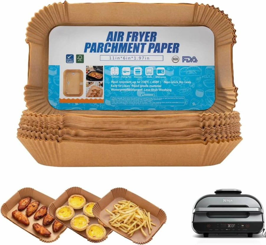 POPQEEN 120Pcs Air Fryer Liners, Disposable Parchment Paper for Ninja Foodi Smart XL, FG551 6-in-1 Indoor Grill, Rectangular Non-Stick Baking Sheets