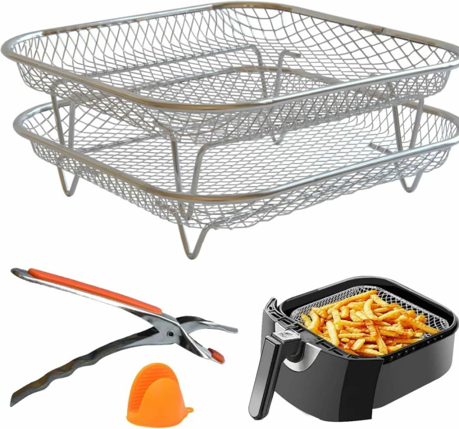 Geolinhome Dual-Layer Air Fryer Rack Set - 304 Stainless Steel Mesh Baskets with Elevated & Regular Legs for Air Fryer & Oven, Dishwasher Safe