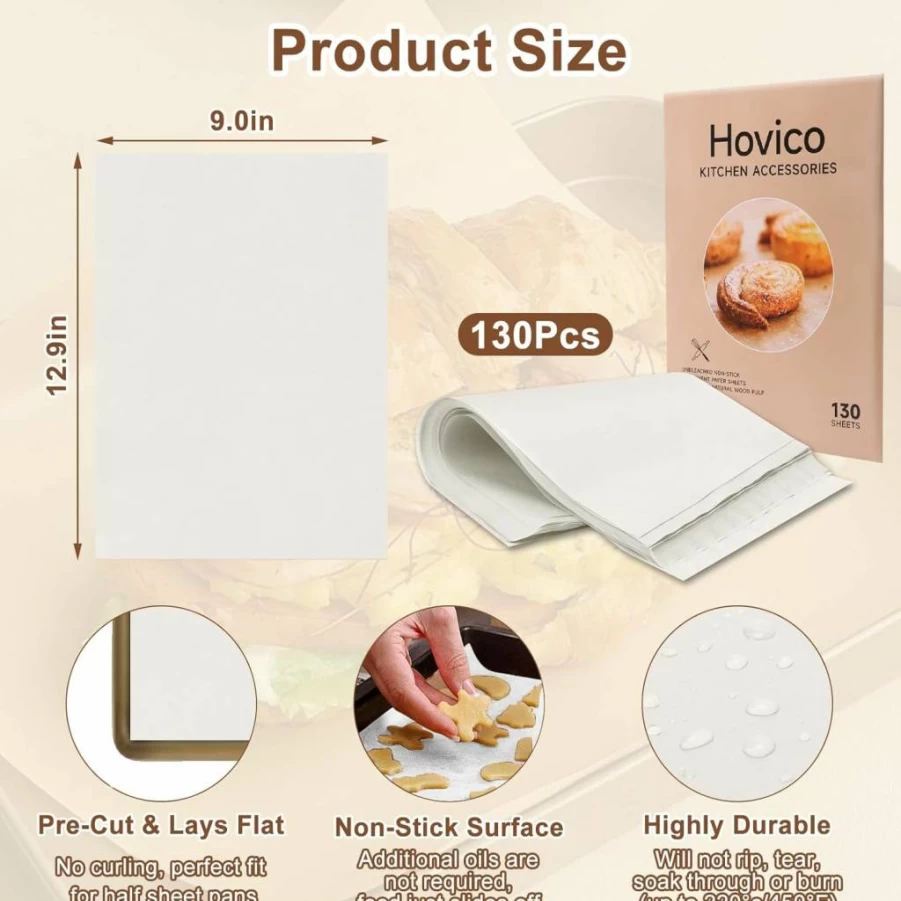 Hovico 130Pcs Unbleached Precut Parchment Paper, 9x13 Inch Non-Stick Baking Sheets for Oven, Air Fryer, Grilling, BBQ, Bread, and Pastry – Eco-Friendly Kitchen Essentials
