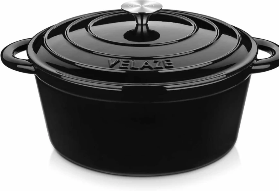 Velaze 7.5 Quart Blue Enameled Cast Iron Dutch Oven with Lid – Oval Design, Dual Handles, Non-Stick Coating for Baking, Braising, Frying & Slow Cooking