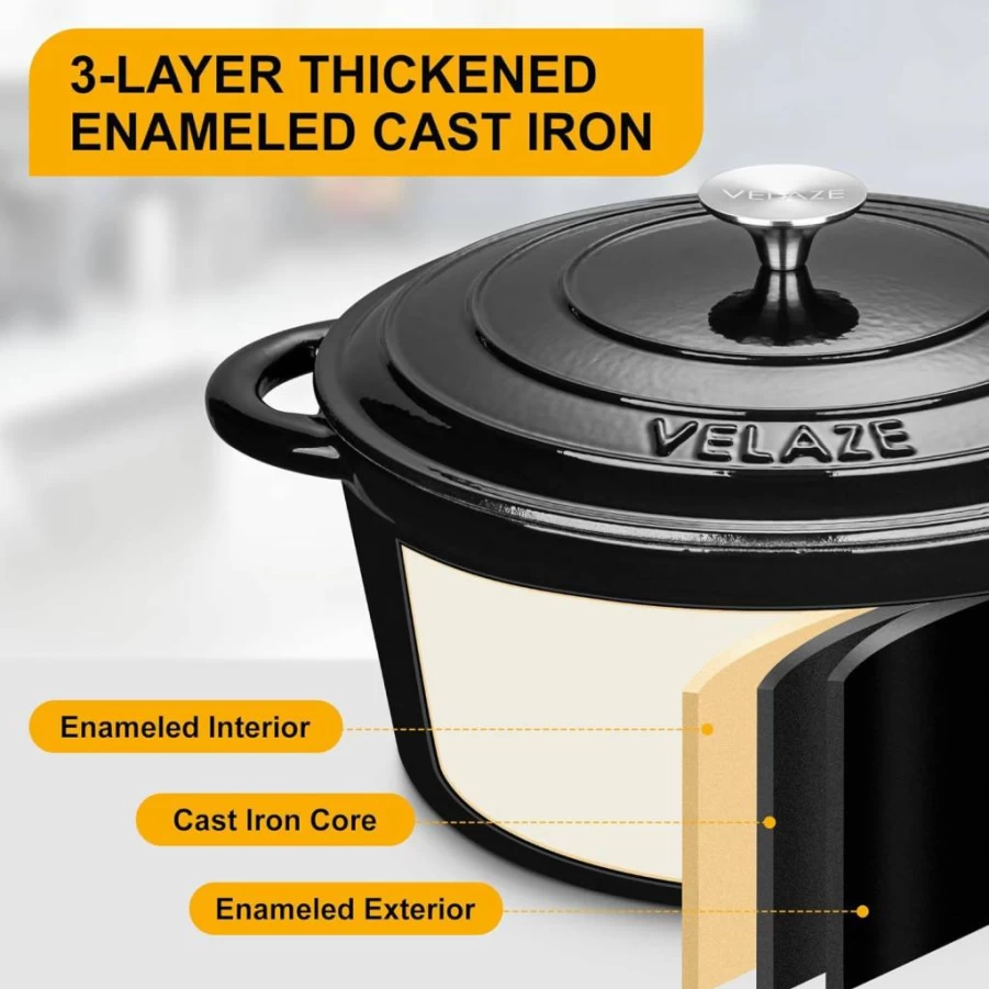 Velaze 7.5 Quart Blue Enameled Cast Iron Dutch Oven with Lid – Oval Design, Dual Handles, Non-Stick Coating for Baking, Braising, Frying & Slow Cooking