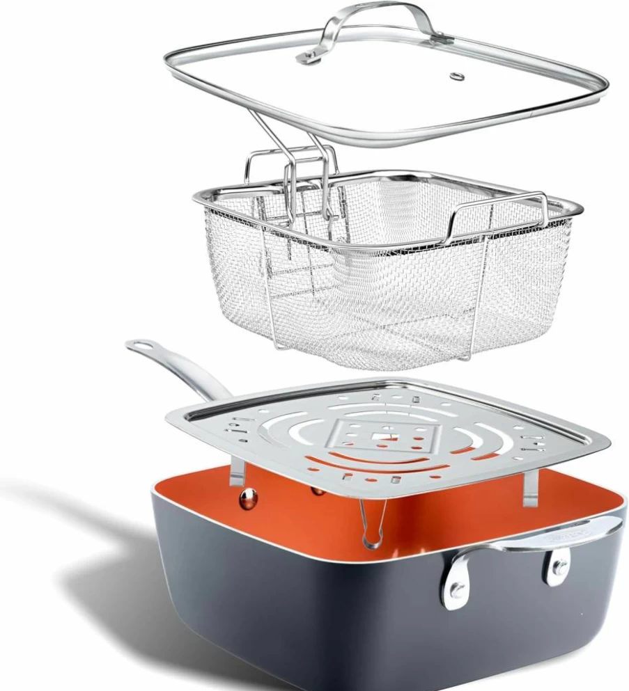 GOTHAM STEEL 9.5" Nonstick Square Deep Fry Pan with Ceramic Coating, Lid, Basket & Steamer Tray – 4-Piece Titanium Ceramic Cookware Set, Dishwasher Safe