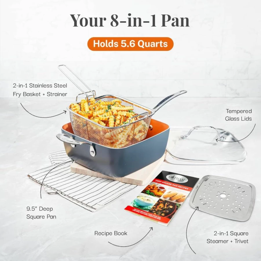GOTHAM STEEL 9.5" Nonstick Square Deep Fry Pan with Ceramic Coating, Lid, Basket & Steamer Tray – 4-Piece Titanium Ceramic Cookware Set, Dishwasher Safe