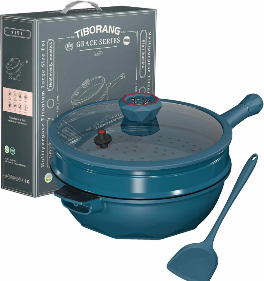 TIBORANG 11 Inch 5 Quart Nonstick Deep Fry Pan with Glass Lid - 8-in-1 Multi-Cooker, Steam Rack & Heat Indicator, PFOA-Free, Dishwasher & Oven Safe, Compatible with All Stovetops (Black)