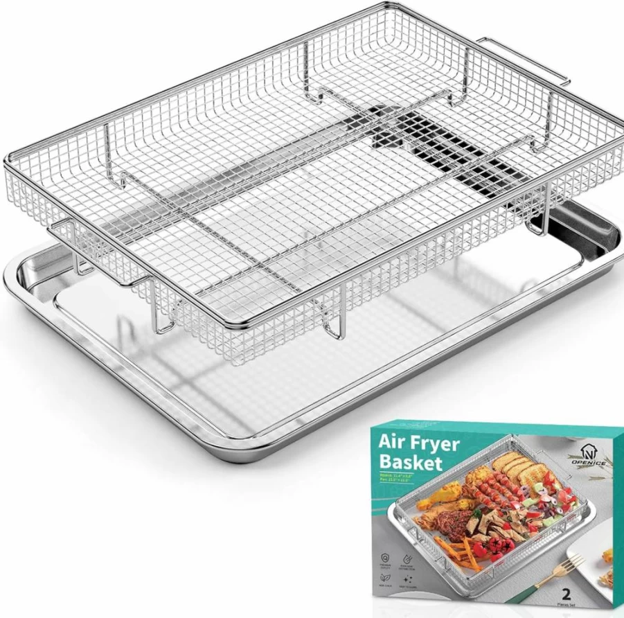 OPENICE 2-Pack Stainless Steel Air Fryer Basket & Crisper Tray Set for Oven - 25% Thicker, 15.4" & 13.4" Nonstick Oven Air Fryer Pans for Convection, Baking, Roasting