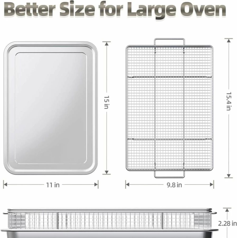 OPENICE 2-Pack Stainless Steel Air Fryer Basket & Crisper Tray Set for Oven - 25% Thicker, 15.4" & 13.4" Nonstick Oven Air Fryer Pans for Convection, Baking, Roasting