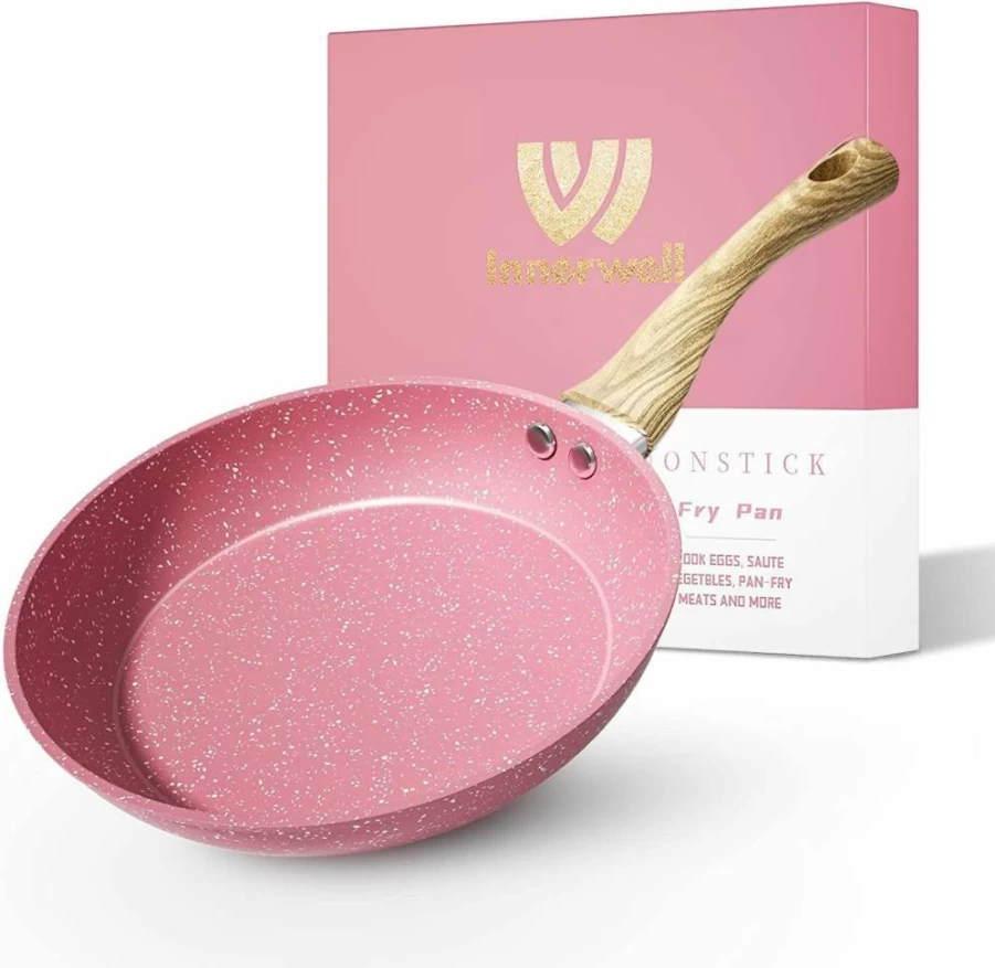 8-Inch Pink Nonstick Induction Skillet by Innerwell, PFOA-Free Stone Coated Frying Pan for Eggs