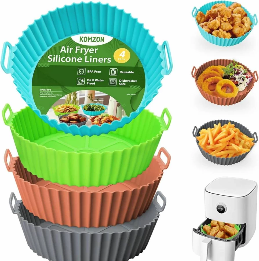 Komzon 3-Pack Reusable 8-Inch Silicone Air Fryer Liners, Food-Grade Non-Stick Baking Mats for Air Fryer Basket, Oven, and Kitchen Accessories
