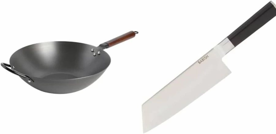 Babish 14-Inch Carbon Steel Wok Pan - Flat Bottom Stir Fry Pan for High Heat Cooking